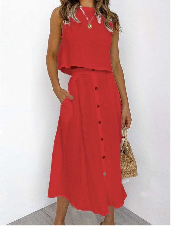 Damen Hals Weste Hemd Mittellanges Button-Down Kleid Zweiteiliger Anzug_voghion.com
