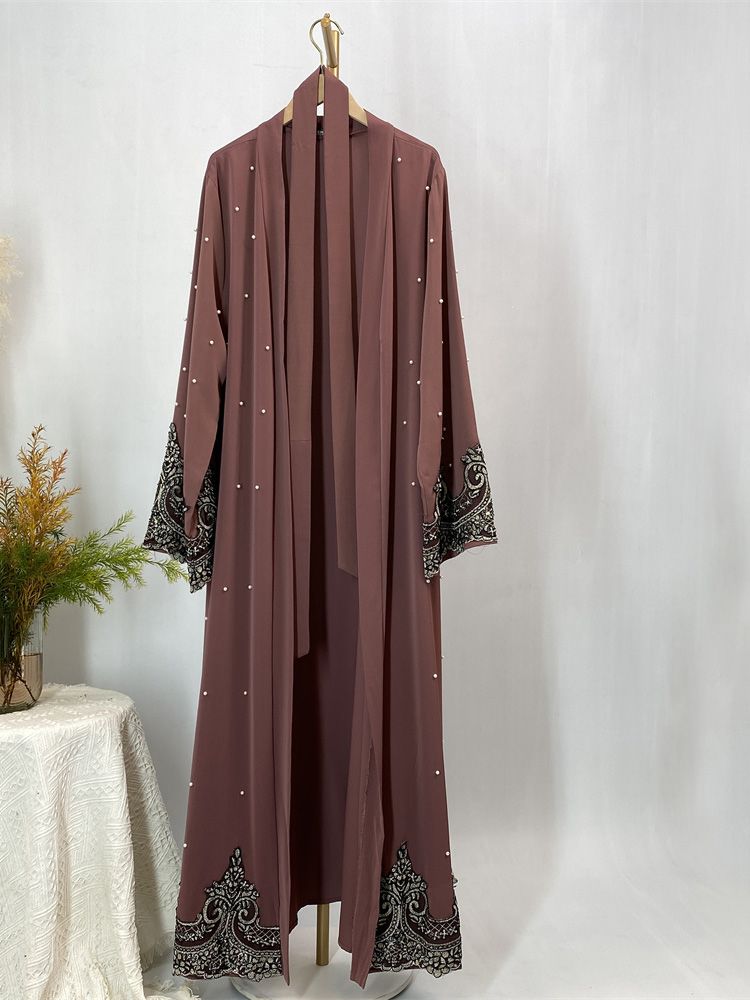 Vestiti da donna Abaya aperti in pizzo con perle, design alla moda musulmana, kimono lungo, kaftano, abiti islamici di Dubai per le donne_voghion.com