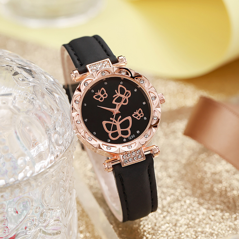 Diamond petal case temperament butterfly pattern frosted belt women's quartz watch_voghion.com