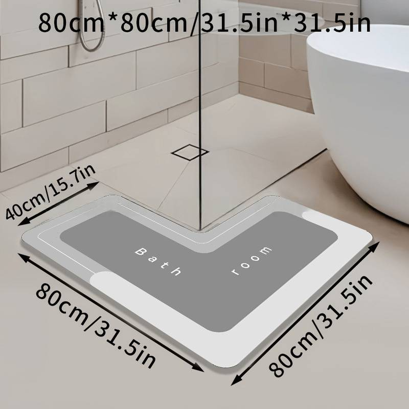 Tapis de bain en diatomite - Tapis de sol absorbant antidérapant en forme de L pour coin de douche (grand format, découpable, séchage rapide, imperméable, 32" x 24")_voghion.com