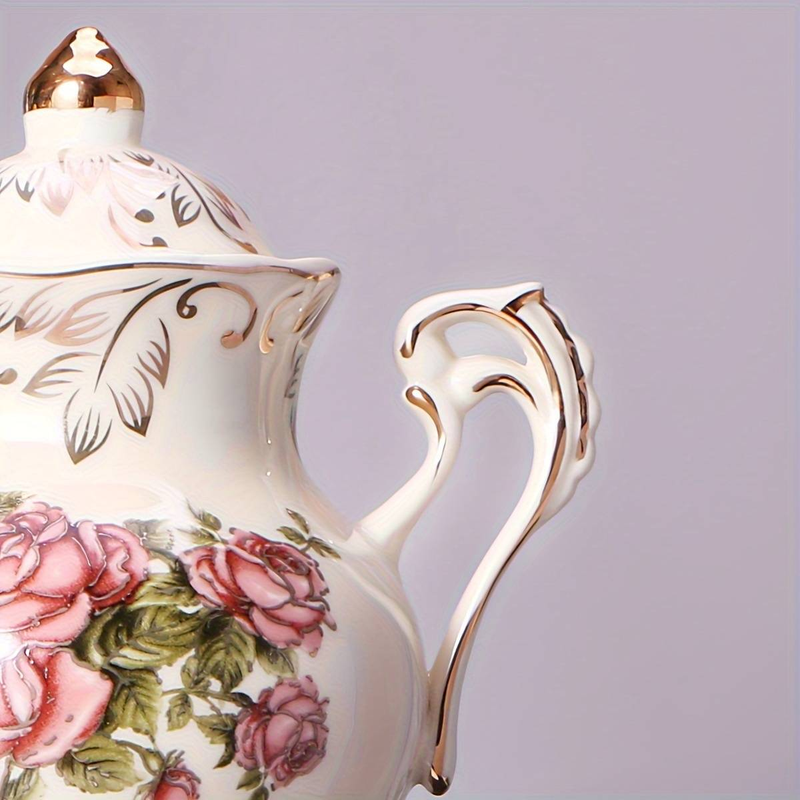 Ceramic Sugar And Creamer Set, Vintage Porlcelain Pitcher Creamer Sugar Bowl With Lid, Pink Rose Floarl Golden Leaves Edge_voghion.com