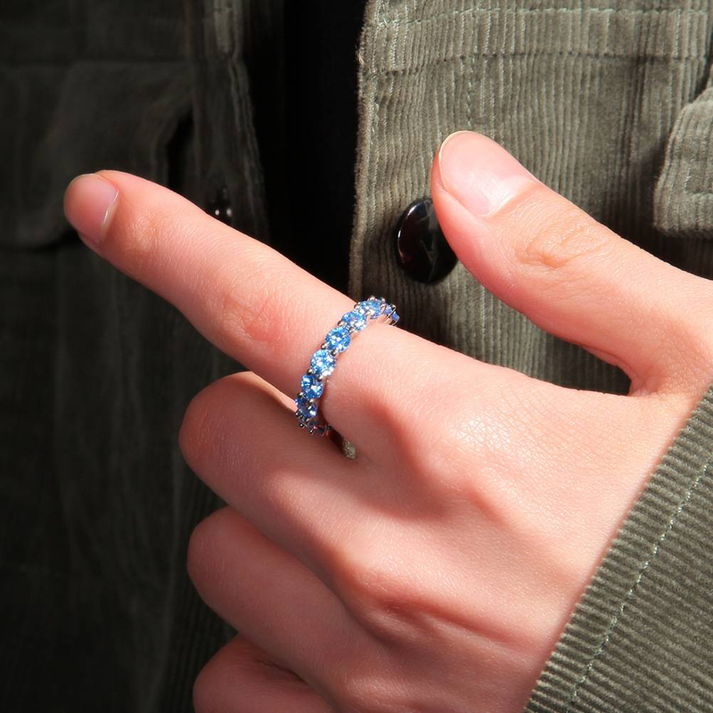 Set di anelli con zirconi cubici da donna e da uomo, design geometrico, anelli impilabili in argento, oro rosa, stile freddo, accessori per anelli con zirconi blu mare_voghion.com