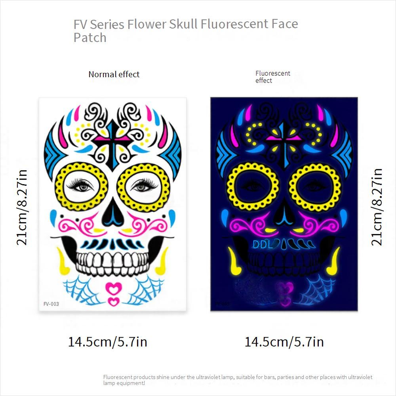 Halloween Temporary Tattoos Stickers - Glow In The Dark Day Of The Dead Face & Body Art For Party, Scary Makeup, Costume Accessories (8-Piece Set)_voghion.com