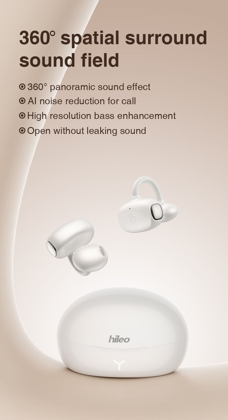 Hileo Hi85 Ear Clip Bluetooth Earphones - Dual Device Pairing, Physical Buttons, Waterproof, AI Noise Cancellation, Open-Transparency, Dual Modes For_voghion.com