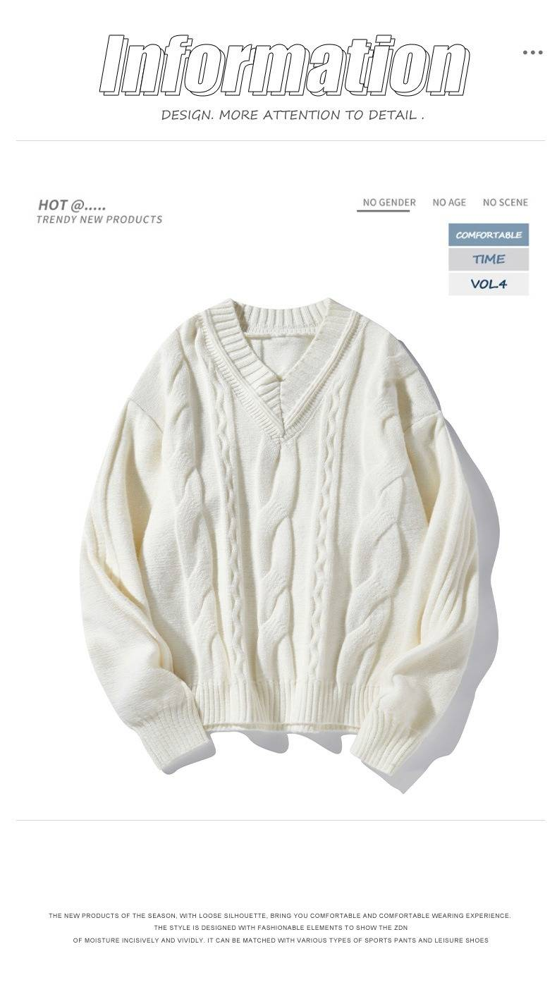 Pull en maille à col en V pour homme, motif torsadé, pull épais idéal pour un style décontracté chic et la superposition, grandes tailles disponibles._voghion.com