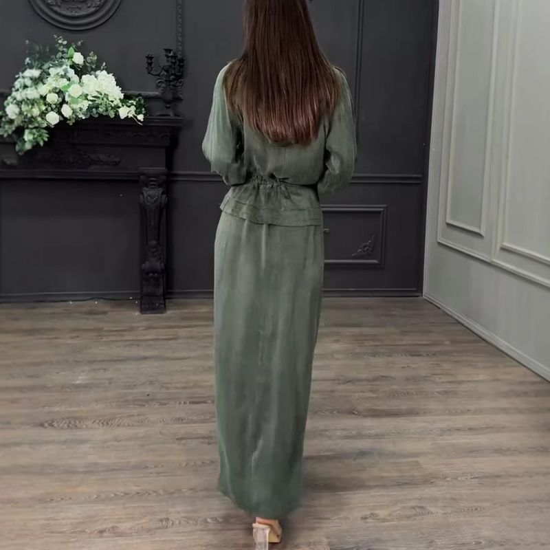 Women's Elegant Sleeveless Dress With Lantern Sleeve Belted Coat 2-Piece Set - Flowy Long Dress & Stylish Outerwear For Fall_voghion.com