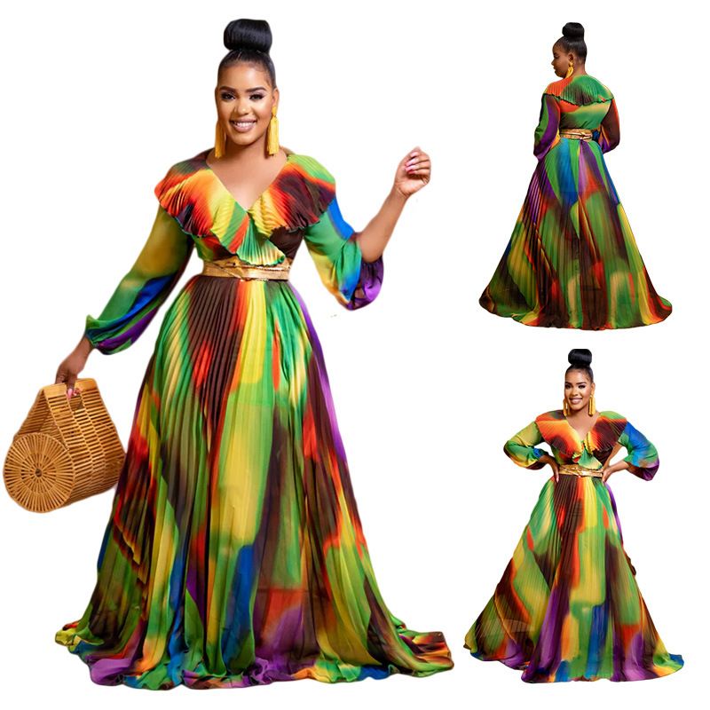 Damenbekleidung Sexy V-Ausschnitt Bubble Langarm Bedrucktes Taillentemperamentkleid_voghion.com