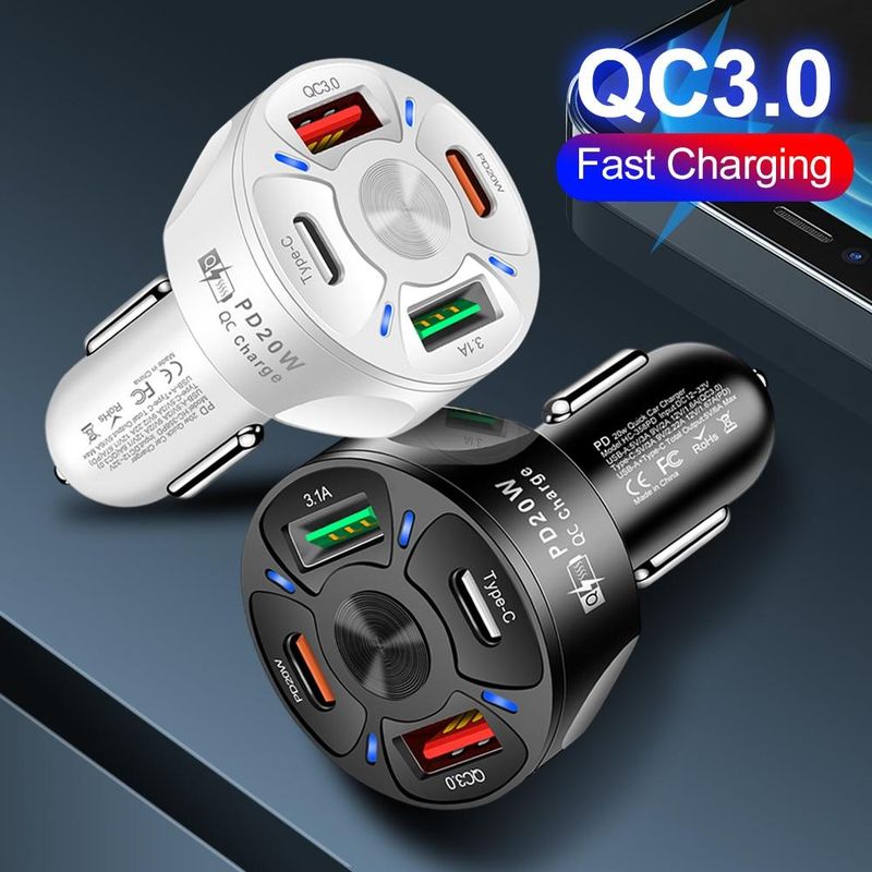 Apvalus dvigubas USB C tipo automobilinis įkroviklis greitam įkrovimui, USB C tipo greitasis įkroviklis PD QC3.0, skirtas „iPhone“, „Samsung“, „Xiaomi“ automobilinio telefono įkroviklio adapteriui HMM_voghion.com