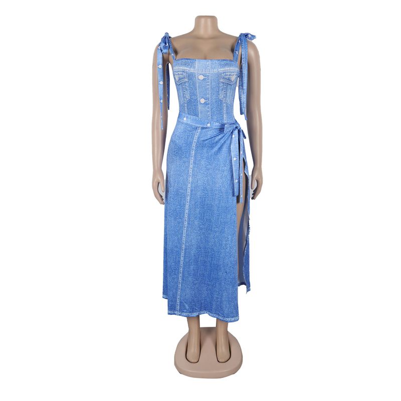 Traje de dos piezas con estampado de posicionamiento de mezclilla azul con hombros descubiertos sexy para mujer_voghion.com