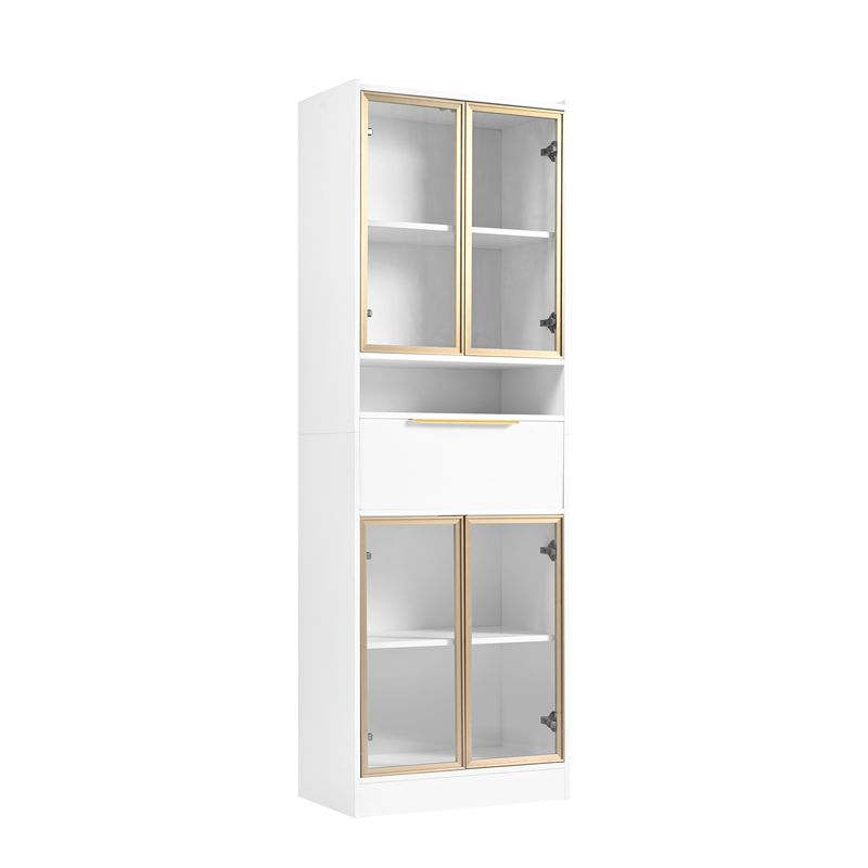 Meuble haut blanc moderne avec éclairage LED 16 couleurs et Bluetooth, 60 x 35 x 180 cm, vitrine avec tiroir et façade en verre, placard de rangement pour salon, chambre ou bureau, MDF et verre de sécurité._voghion.com