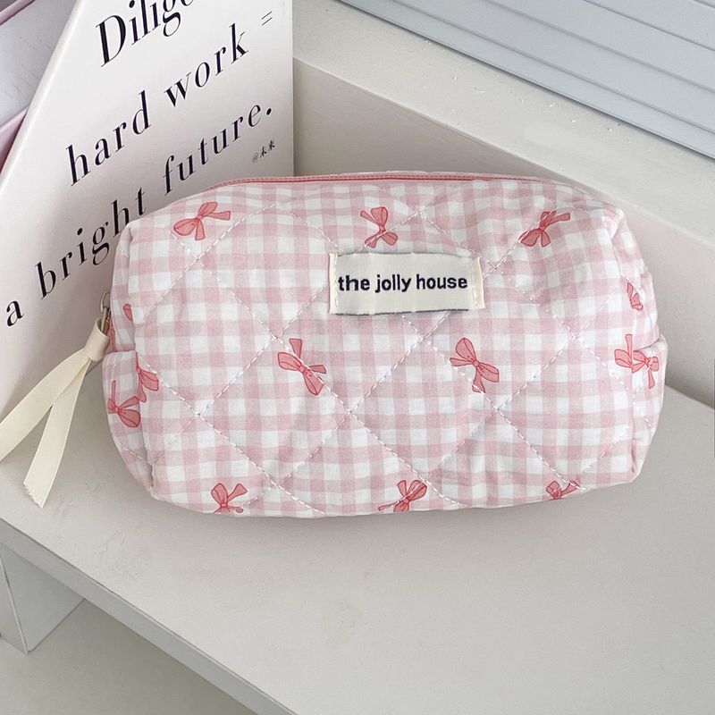 Plaid Bowknot Make-up für Geschäftsreisen und Reisen, tragbare Macaron-Aufbewahrung, hochwertiges, leichtes Steppmuster_voghion.com