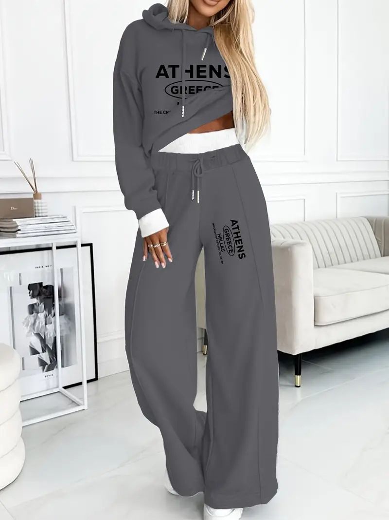 Abbigliamento da donna, completo sportivo casual, autunno e inverno, completo casual da salotto invernale con felpa lunga foderata in pile e pantaloni a gamba larga, completo in due pezzi con stampa_voghion.com