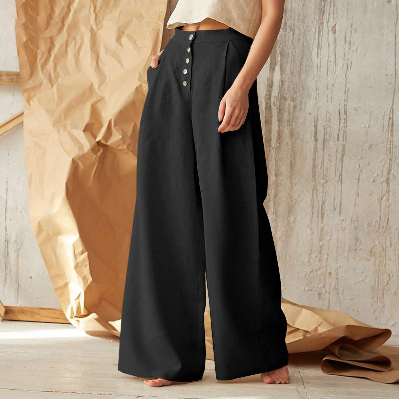 Pantaloni a gamba larga in cotone e lino con bottoni casual a vita alta tinta unita da donna_voghion.com