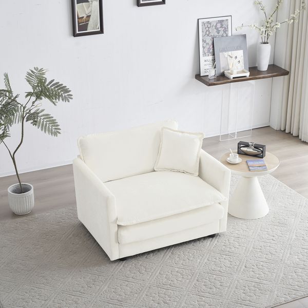 Comfy Deep Single Seat Sofa Upholstered Reading Armchair Living Room Chair White Chenille Fabric , 1 Toss Pillow_voghion.com