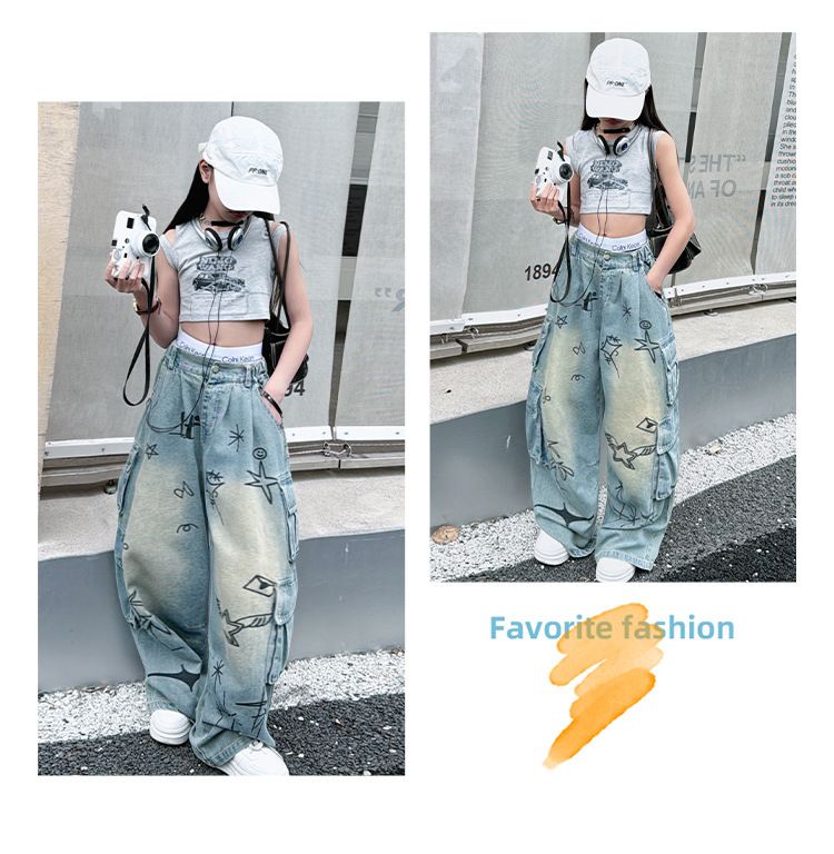 Blugi de lucru pentru copii, fete, graffiti, retro, Street, la modă, pantaloni de primăvară, vară și toamnă, pantaloni largi, drepți, cu picior larg_voghion.com
