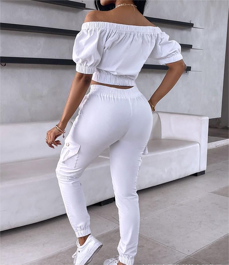 Women's Clothing Solid Color One Shoulder Raglan Short Sleeved Patch Pocket Top Casual Cuffed Trousers Set_voghion.com
