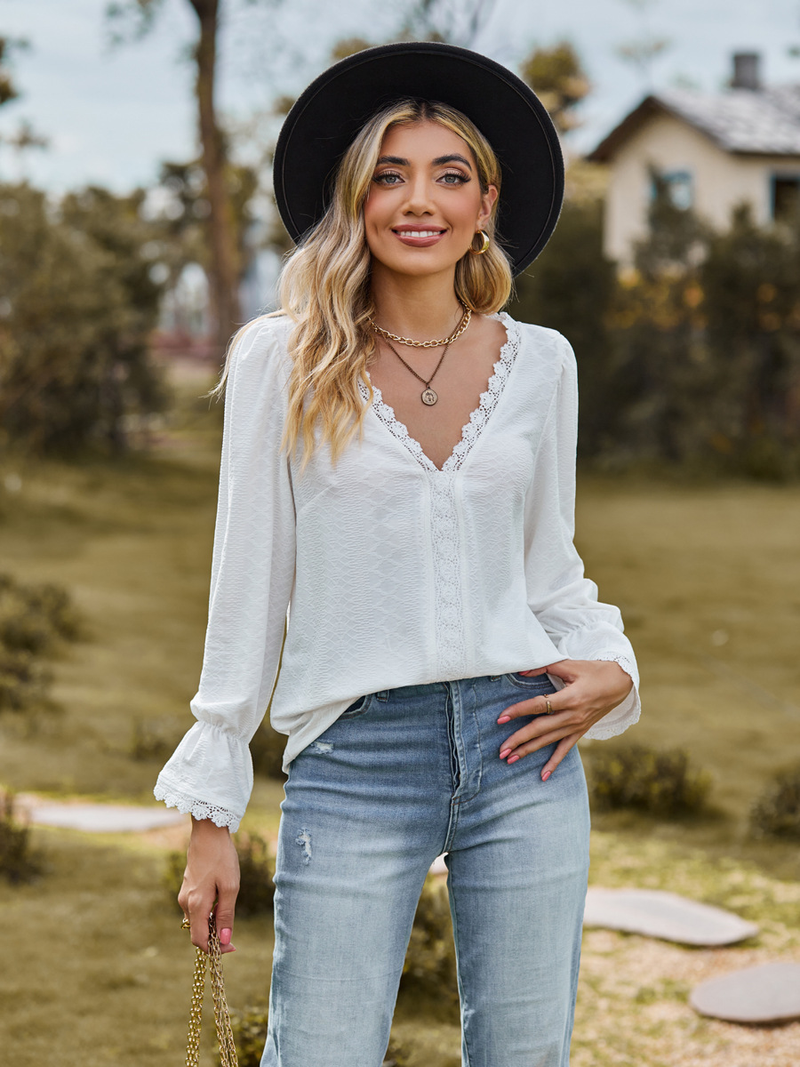 T-shirt da donna jacquard con scollo a V e top a maniche lunghe con impunture in pizzo_voghion.com