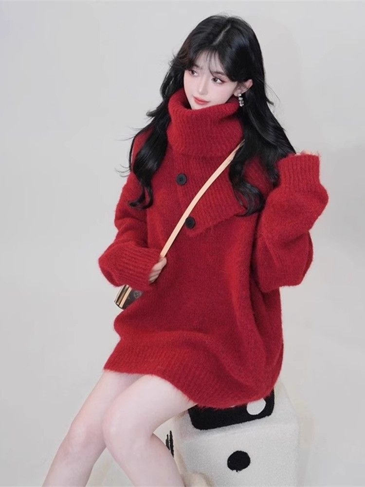 girl Christmas Red Turtleneck Knitted Sweater Scarf Two-Piece Set For Women Autumn Winter High-End Lazy Thickened Outerwear_voghion.com