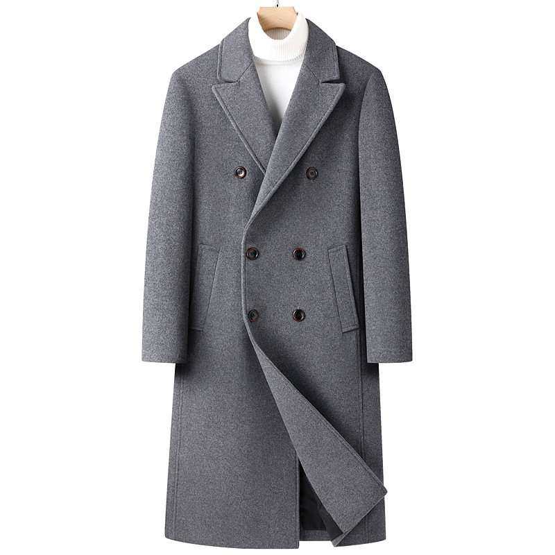 Otoño Invierno nuevo abrigo de lana para hombres rompevientos botón de doble botonadura sección larga sobre la rodilla abrigo para hombres_voghion.com