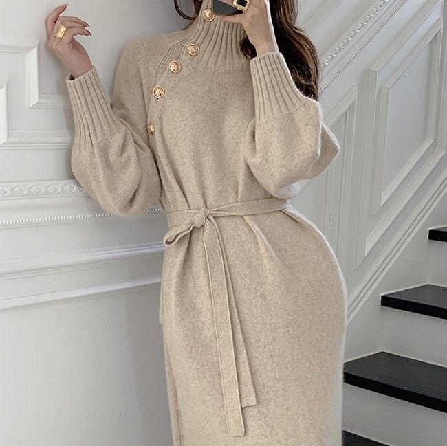 Abbigliamento da donna, abito lavorato a maglia con lacci in vita, maglione lungo versatile a collo alto dimagrante e sciolto per donna_voghion.com