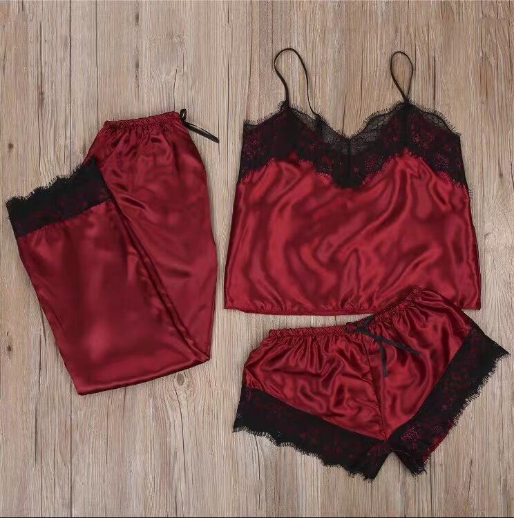 Intimo e pigiami Seducente set di pigiami in pizzo - Lingerie e abbigliamento da casa 4 pezzi per donne taglie forti - Poliestere traspirante con scollo a V e maniche lunghe_voghion.com