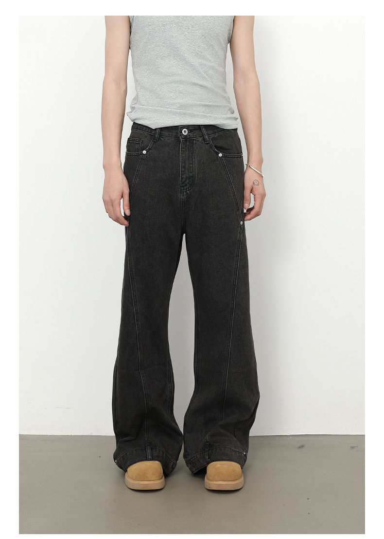 Men's Clothing Trendy Retro Stitching Beaded Jeans Designed Loose Flared Straight Pants_voghion.com