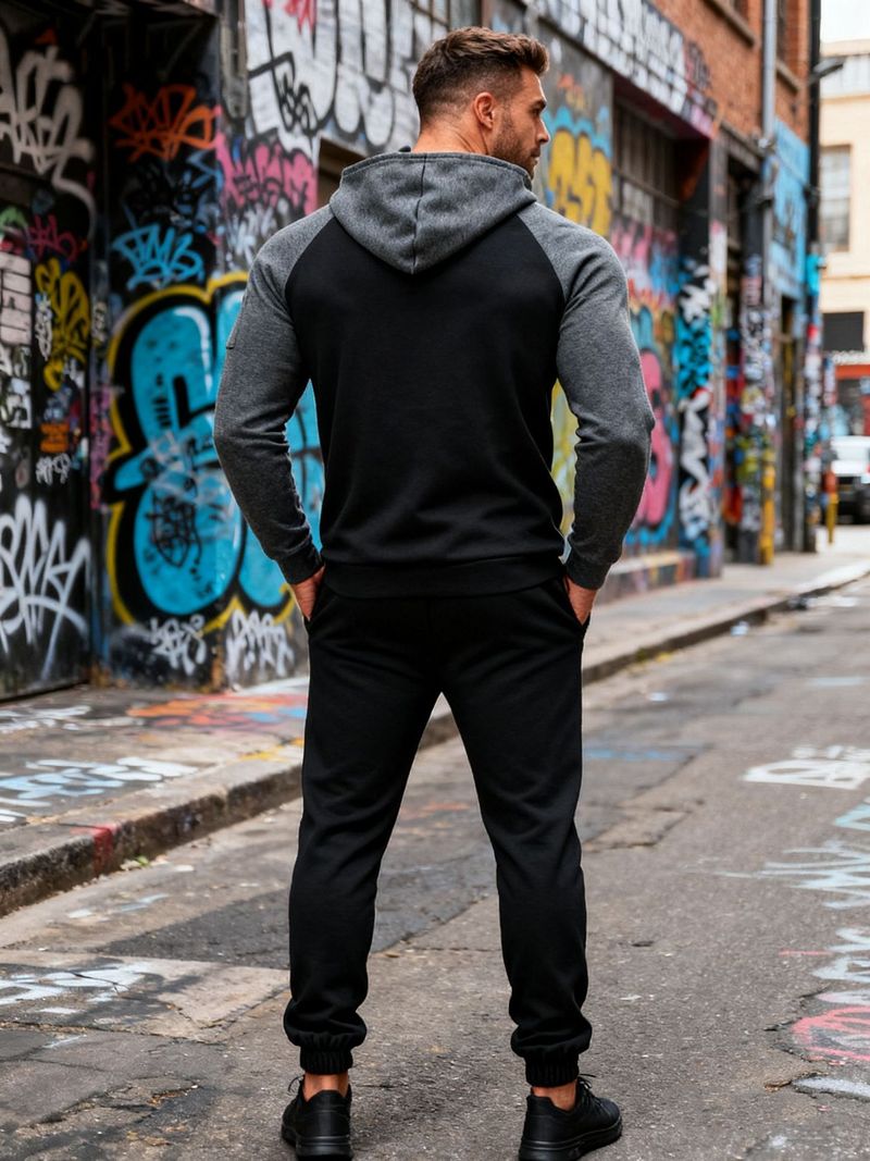 Felpa con cappuccio in pile e jogger in velluto e colori coordinati per uomo - Completo due pezzi a blocchi di colore per sport invernali e abbigliamento casual_voghion.com