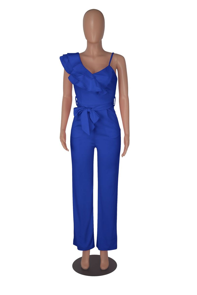 Ny moderigtig flæset enskuldret ærmeløs talje dyb V løs ensfarvet jumpsuit til kvinder_voghion.com