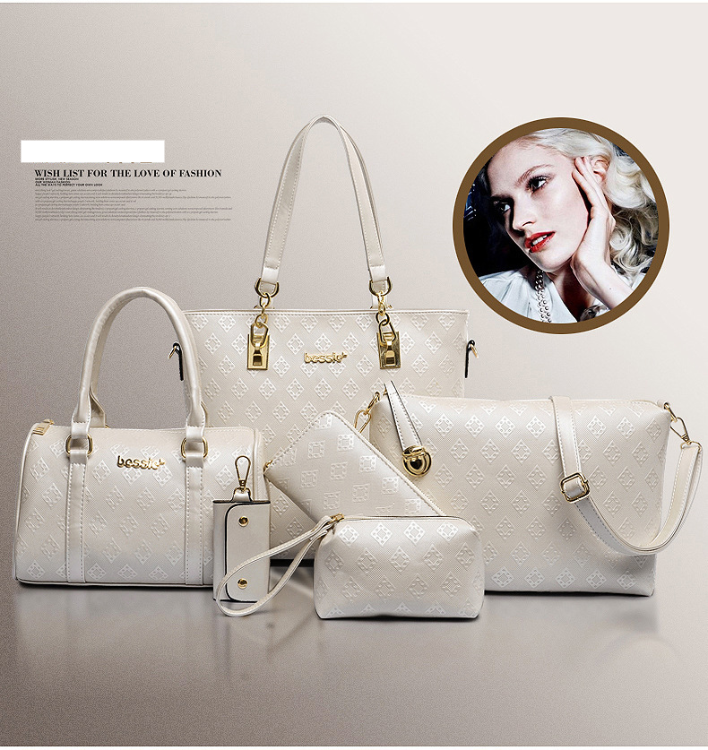 Set di borse da donna, elegante borsa da donna con motivo a rombi in rilievo, borsa a mano con tracolla a sei pezzi_voghion.com