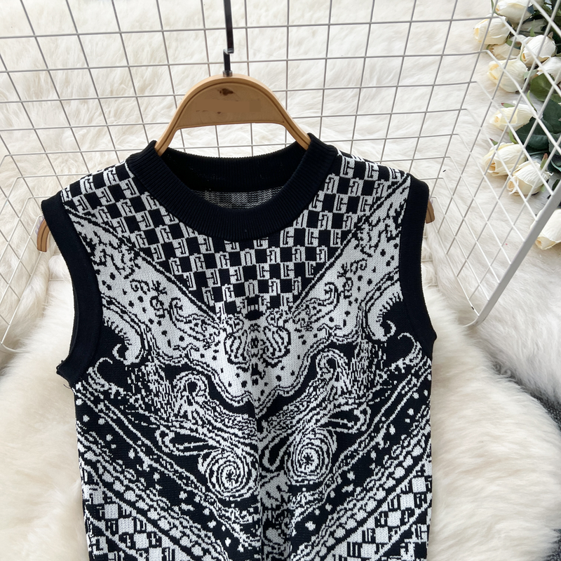 Ensemble imprimé tendance pour femme, haut en tricot sans manches, col rond, taille haute, jupe à la hanche_voghion.com