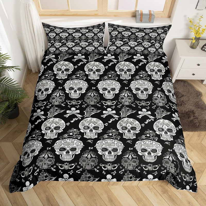 Copripiumino per lettino con teschio, copripiumino con ossa di scheletro, set di biancheria da letto gotico spettrale, set di biancheria da letto gotico di Halloween con 2 federe, arredamento per camera da letto_voghion.com