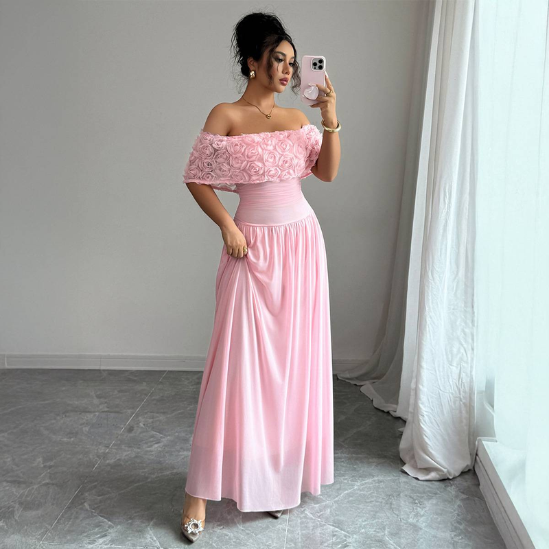 Elegante abito lungo senza spalline con stampa floreale - Abito in maglia a trapezio con vita alta per donna, comodo ed elegante_voghion.com