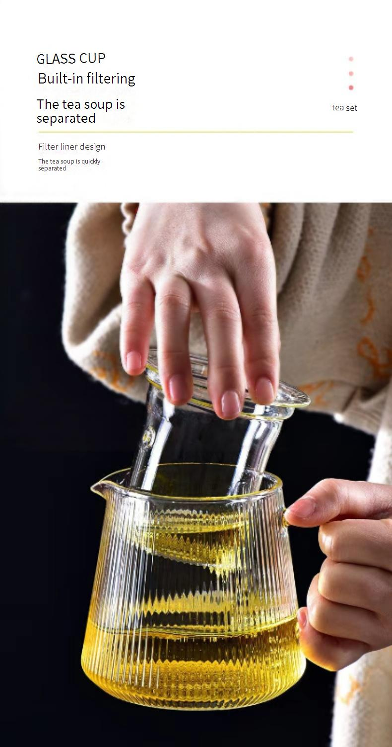Hand-Painted Striped Glass Teapot With Bamboo Tray - Japanese Minimalist Style Heat-Resistant Tea Brewer (500ml/800ml/1000ml)_voghion.com
