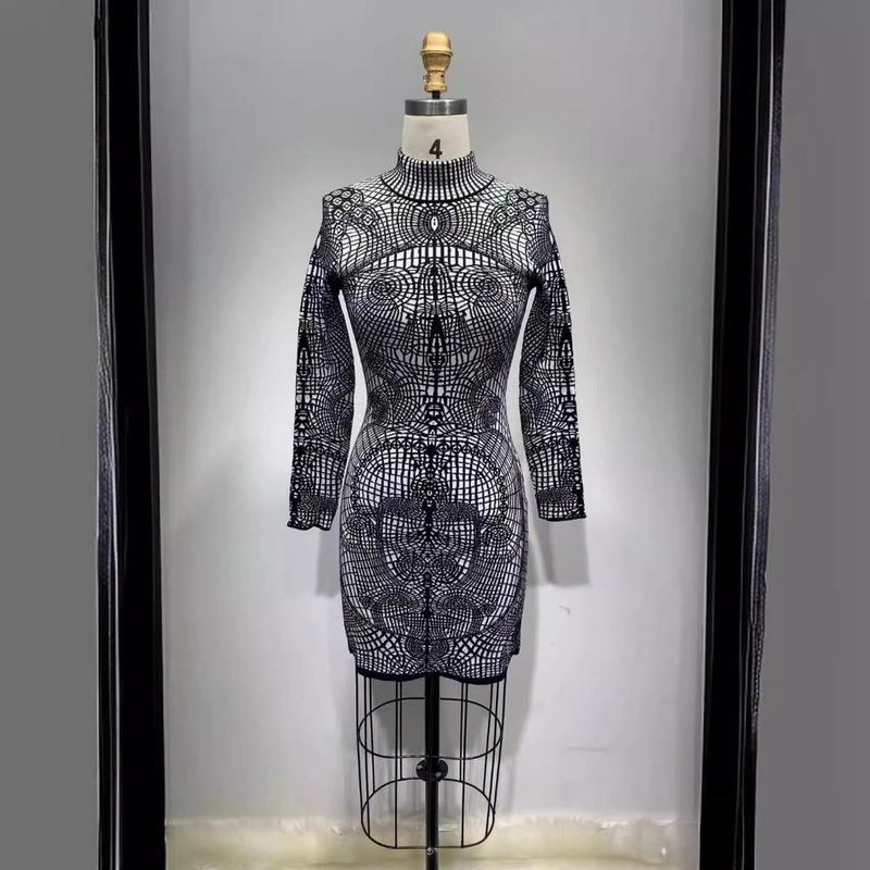 Elegant Black High-Neck Long Sleeve Bodycon Knit Sweater Dress For Women - Slim Fit Stretchy Ribbed Pullover Mini Dress With 3D Embroidery_voghion.com