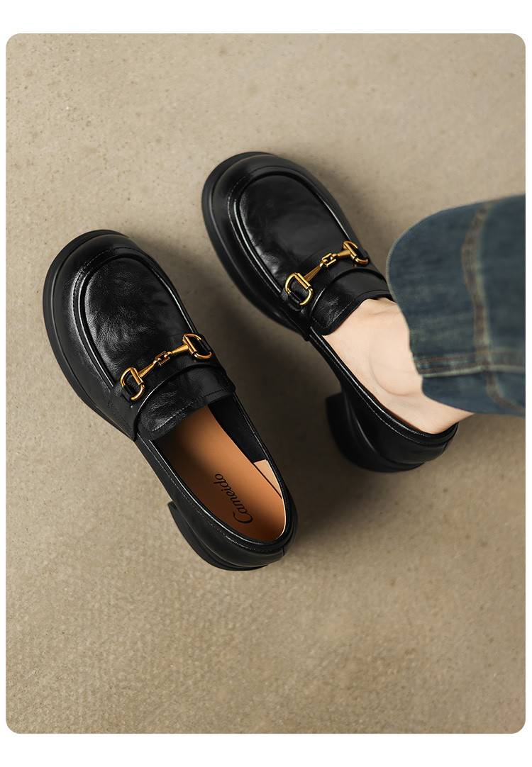 Cameido Women's Loafers - Black Genuine Leather - 5.5CM Square Toe - Foam Sole - Comfortable Casual Shoes_voghion.com