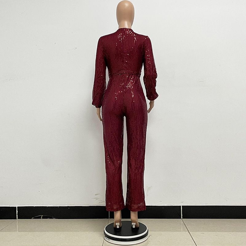 Damkläder Ins Style Deep V Mode Casual Jumpsuit Långärmat Bälte Paljett Jumpsuit Dam_voghion.com