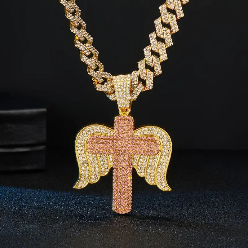 New Style Rhinestone Personality Full Diamond Angel Wings Cross Pendant Hip-Hop Creative Necklace_voghion.com