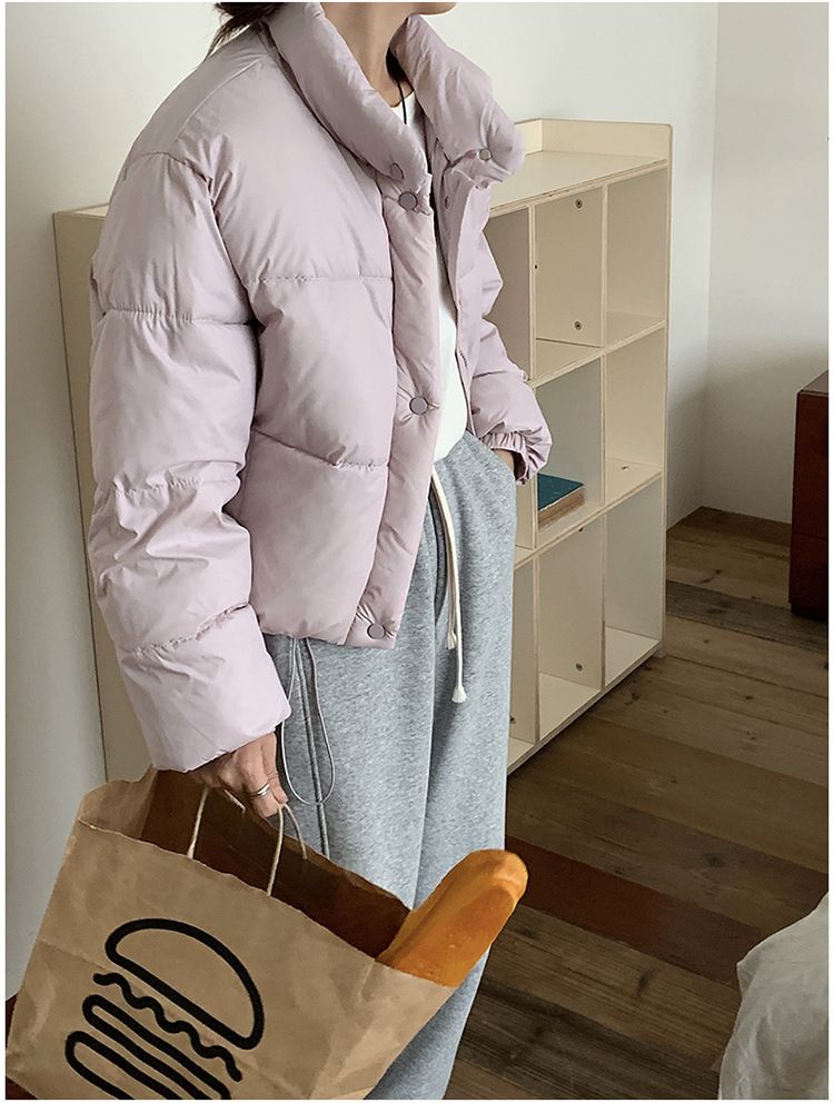 Jaqueta curta feminina com gola alta, casaco grande acolchoado de algodão, agasalho casual de inverno para tamanhos pequenos e grandes_voghion.com