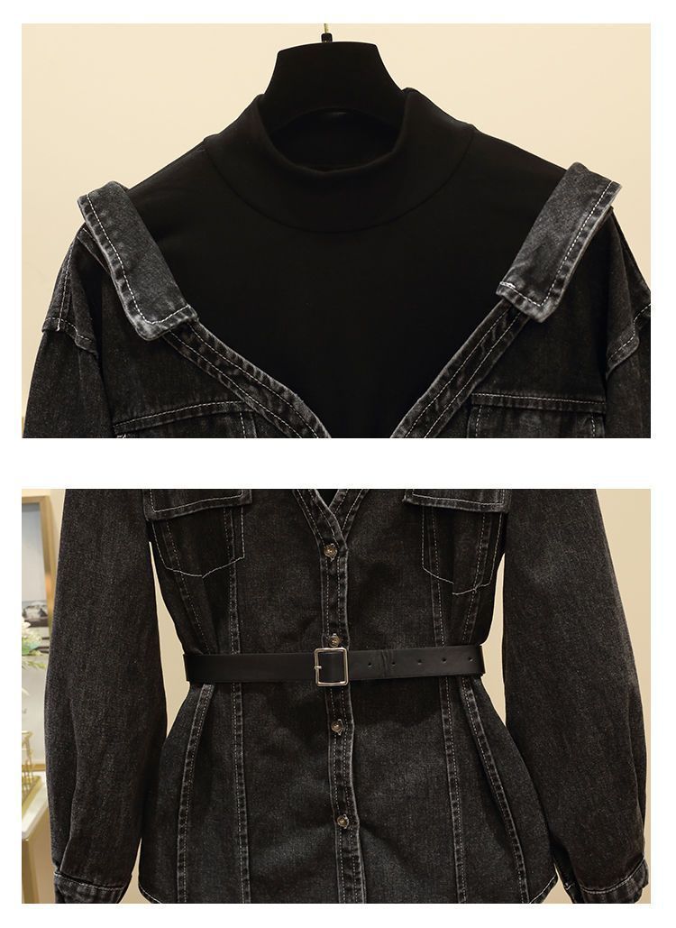 Women's Clothing Fashionable Shirt, Slim Temperament, Two Piece Long Sleeved Denim Top_voghion.com