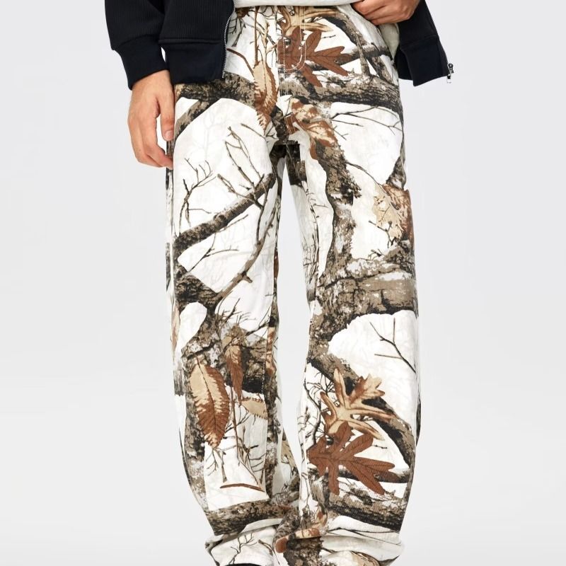 Herrkläder Trädgren Lönnlöv Kamouflagetryck Arbetskläder Fallen Leaves Casual Jeans Herr och kvinnor Fritidsbyxor Raka byxor_voghion.com