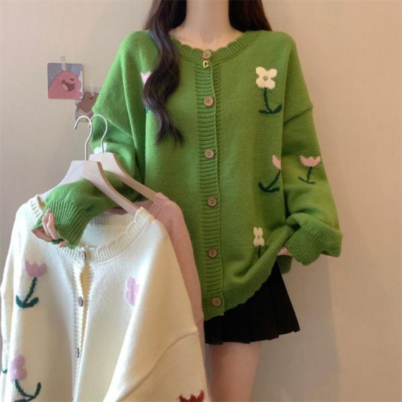 Cardigan brodé oversize – Pull ample en maille fleurie (vert/rose/crème, taille unique)_voghion.com