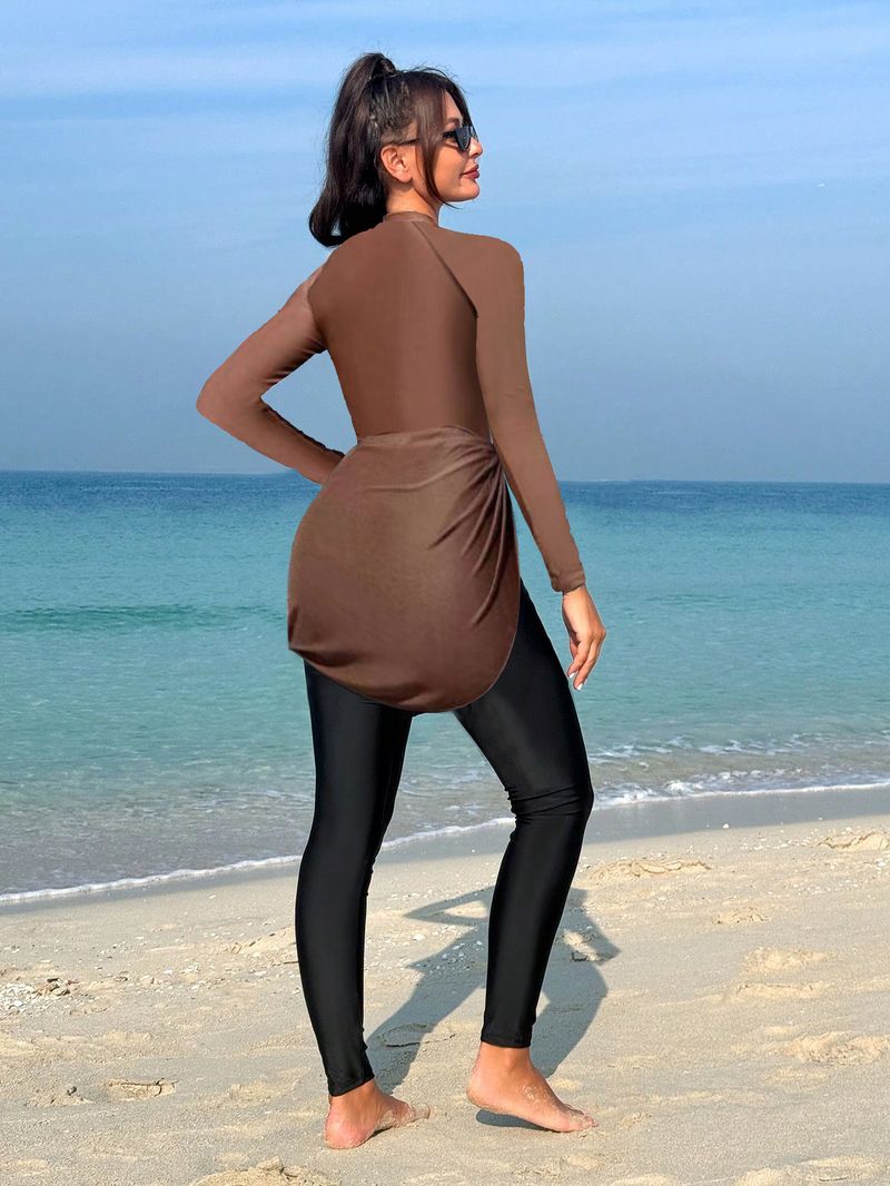Muslimischer Badeanzug im europäischen Stil, langärmeliges Badeanzug-Set mit Rock für Damen, modisches Farbblock-Design mit Brustpolster_voghion.com