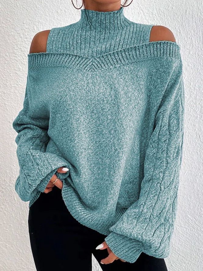Damenbekleidung schulterfreier Pullover Damenpullover Herbst und Winter neuer lockerer halbhoher Kragen Laternenärmel Strickpullover_voghion.com