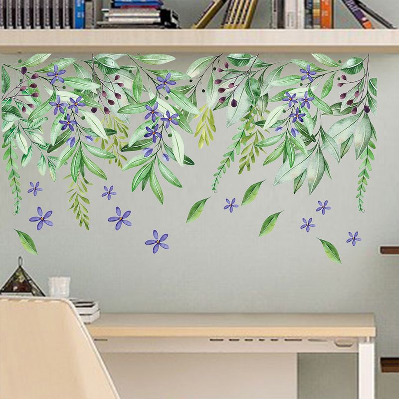 Pegatinas de pared para ventana personalizadas de PVC N1335 con flores moradas y plantas verdes_voghion.com