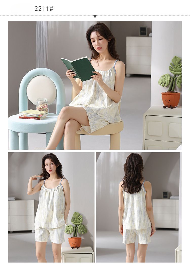 Lässiges Sommer-Pyjama-Set | Lockere Hosenträger für Damen, 100 % Baumwolle, Größe S – Frische Shorts mit Brustpolstern_voghion.com