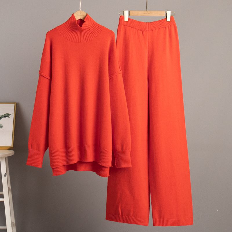 Abbigliamento da donna, completo con maglione a collo alto, nuovo, casual, largo, pigro, pantaloni lavorati a maglia ispessiti_voghion.com