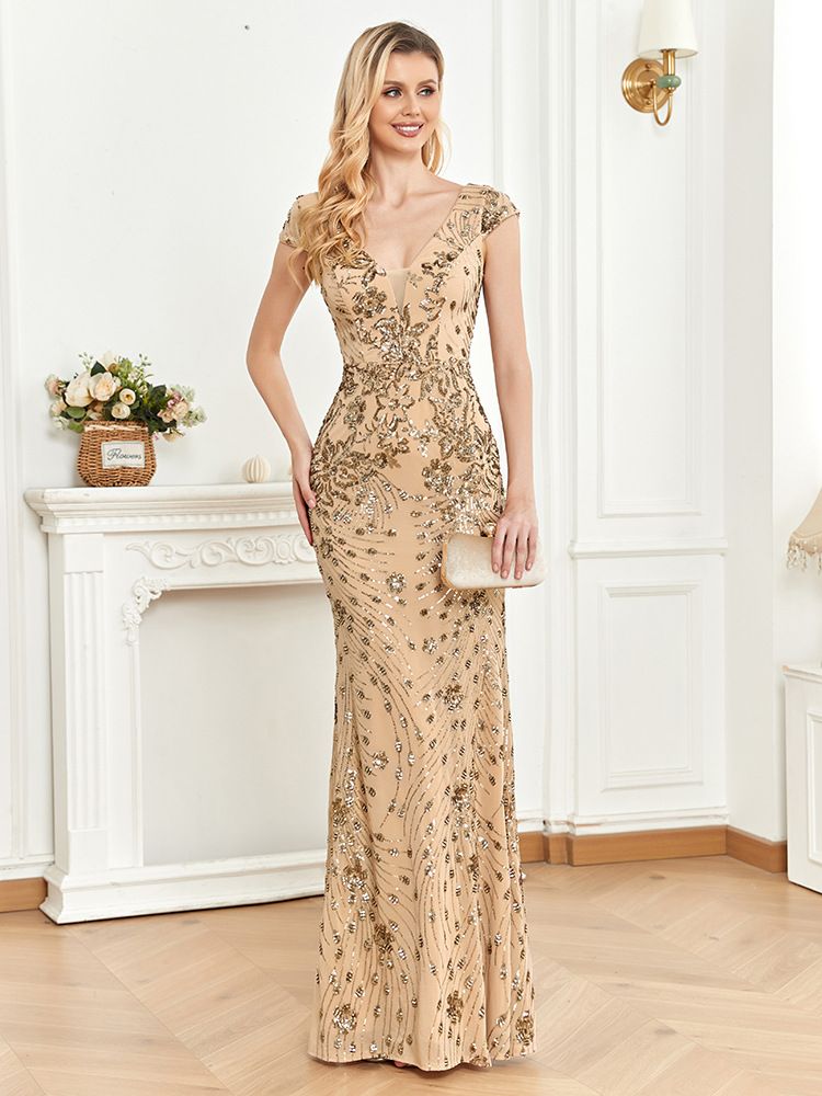 Elegantes Champagner-Abendkleid mit Pailletten für Damen – Slim Fit, langes Meerjungfrauenschwanzkleid für Bankette und Partys_voghion.com