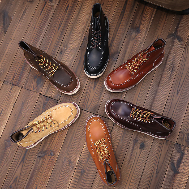 Ami khaki work boots genuine leather retro men's short boots 875 American autumn and winter Martin boots round toe thin strap handmade boots_voghion.com