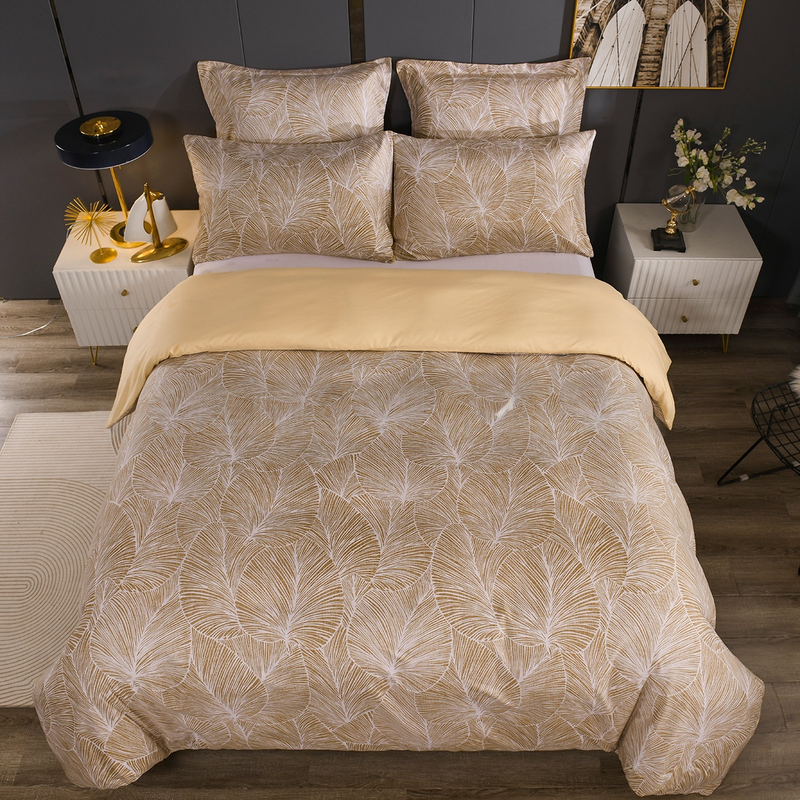 Leaf Printing Soft Fiber Quilt Cover Duvet Cover Pillowcase Three Piece Set Bedding Set_voghion.com