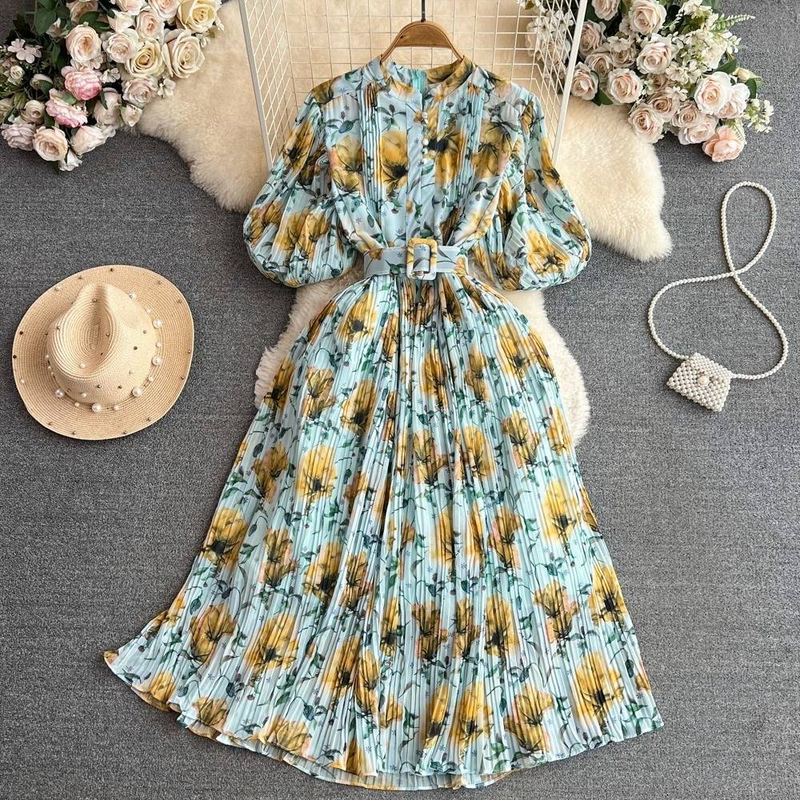 Rochie elegantă plisată cu imprimeu floral pentru femei, cu mânecă scurtă, guler rotund, talie subțire, linie A_voghion.com